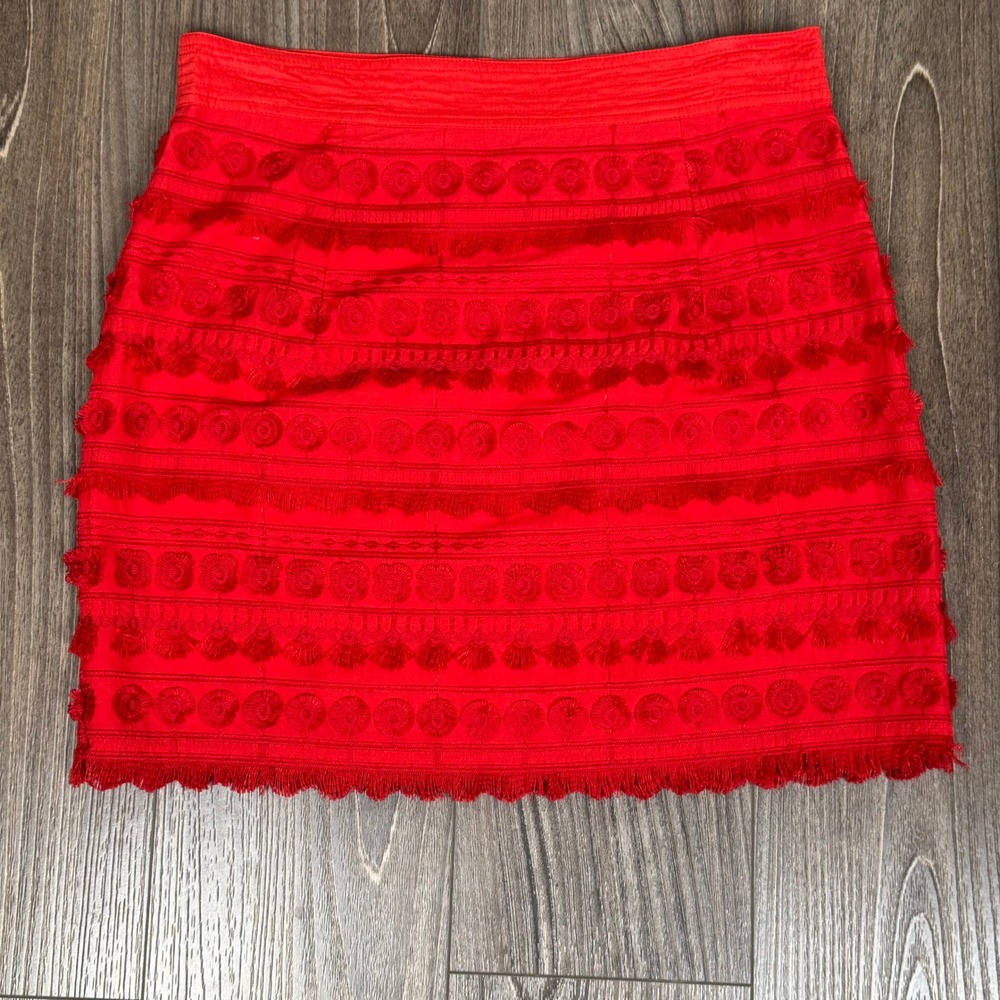 Marie Oliver Red Embroidered Fringe Mini Skirt Cotton Boho Skirt